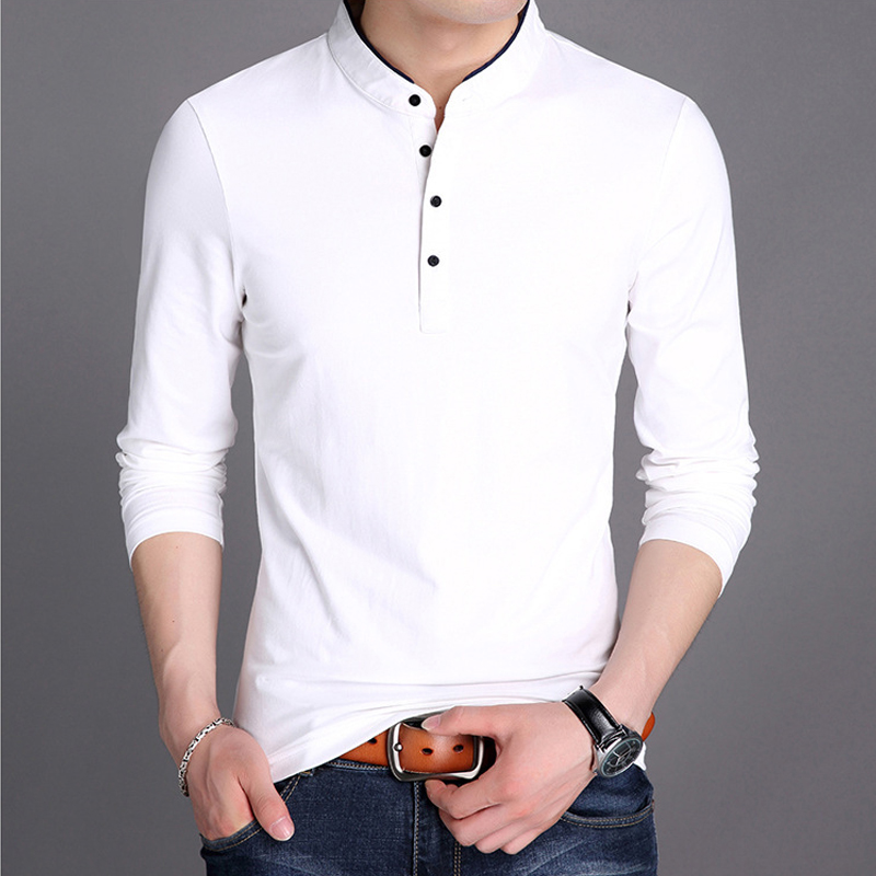 巴洛尼莫 男士长袖T恤个性立领打底衫秋季纯色韩版修身T恤潮流男装  白色 1005