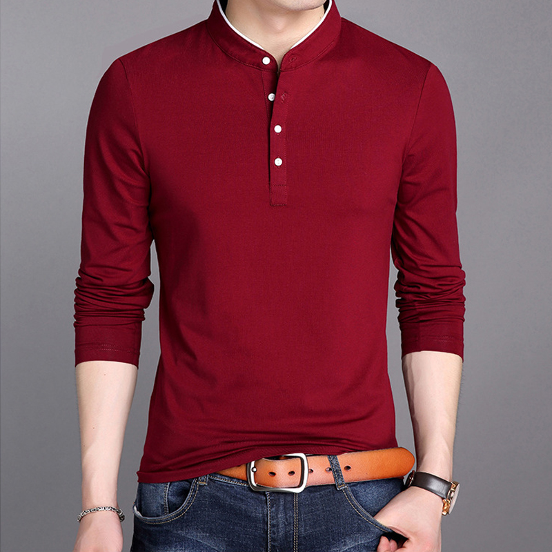 巴洛尼莫 男士长袖T恤个性立领打底衫秋季纯色韩版修身T恤潮流男装  红色 1005