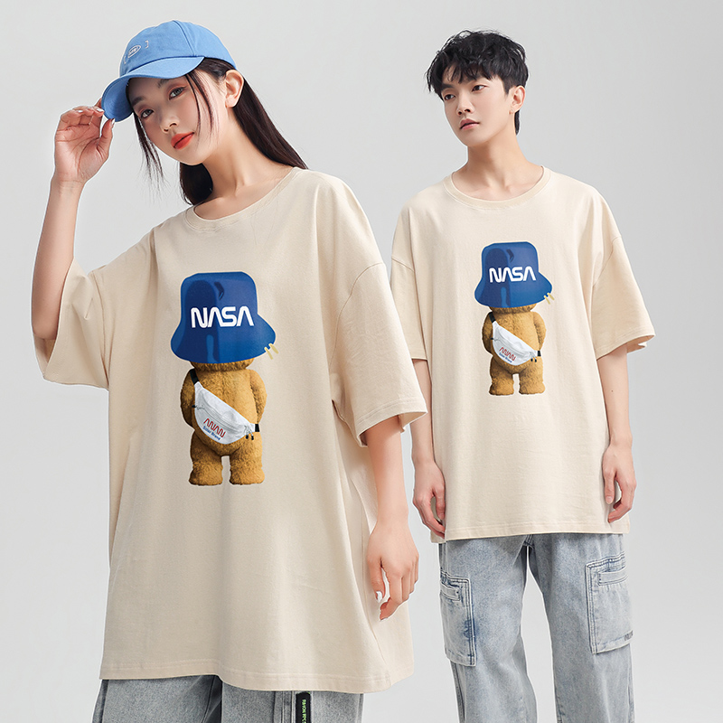 夏季短袖T恤男女宽松NASA背包熊落肩圆领体恤情侣装打底衫T6032 杏色  81191
