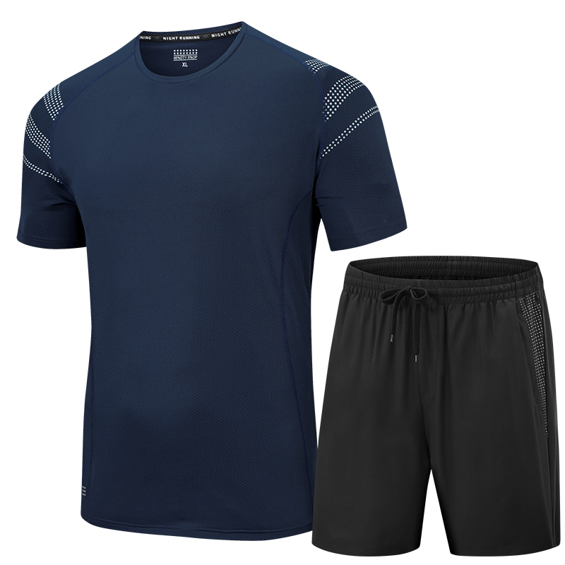 新款男运动套装男短裤两件套男士短袖t恤运动服运动裤大码套装899 深蓝/黑色  80959