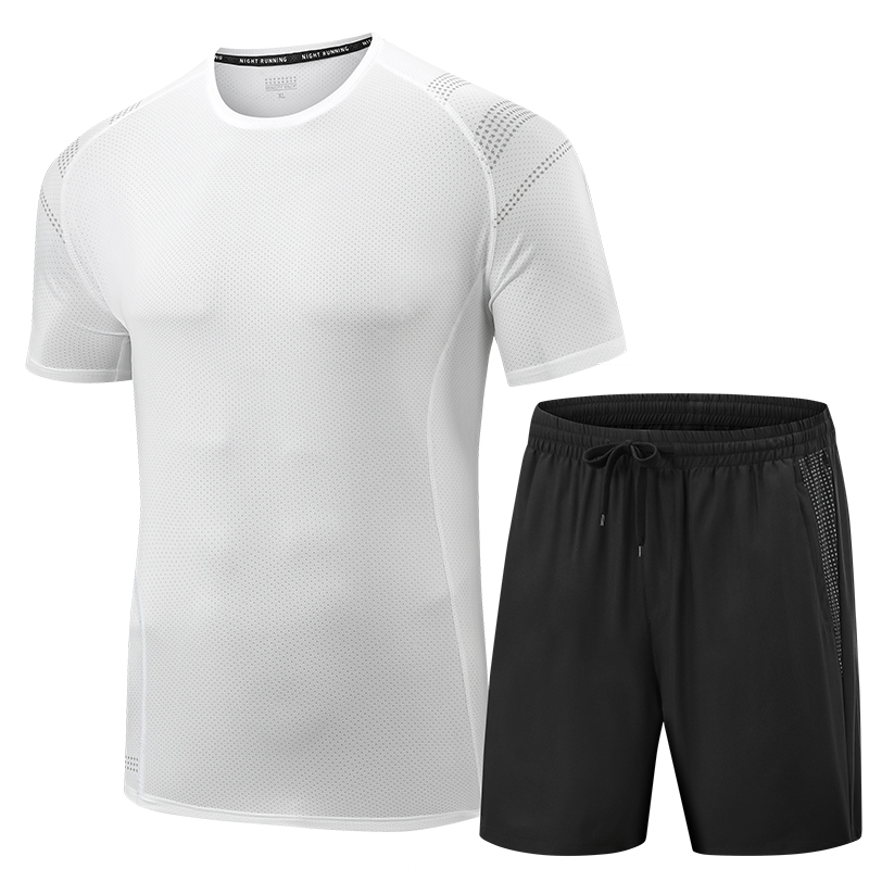 新款男运动套装男短裤两件套男士短袖t恤运动服运动裤大码套装899 白色/黑色  80959