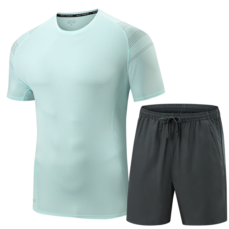 新款男运动套装男短裤两件套男士短袖t恤运动服运动裤大码套装899 水蓝/灰色  80959